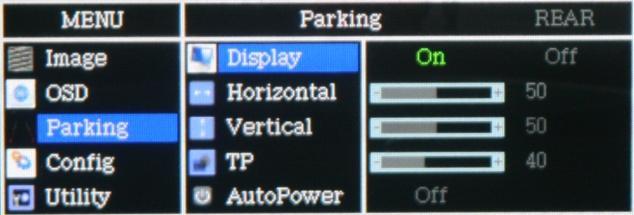 15 OSD Menu OSD Setting Parking Mode - Display : Parking line display On/Off - Horizontal : Parking line move