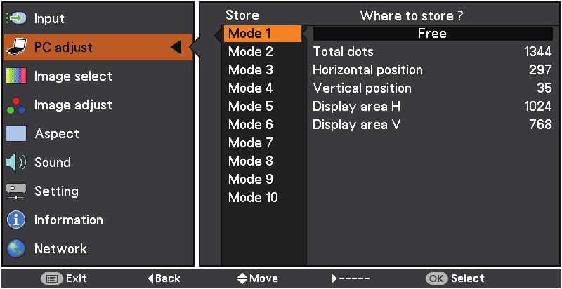 Store To store the adjusted data, select Store and then press the Point or the OK button. Move the highlight to one of the Modes 1 to 10 in which you want to store, and then press the OK button.