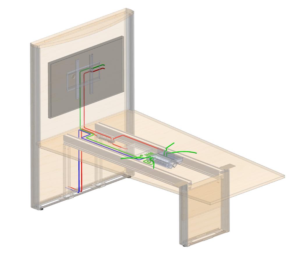 04 CONCURRENCE Concurrence VS Tables Horizontally, power and cables are routed between the two beams. Standard sliding trough covers fully conceal the clutter underneath.