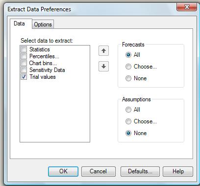 To extract the raw data, click on Extract Data in the Crystal Ball toolbar (shown in the top of Figure 15) and a popup window (shown in the bottom of Figure 15) will appear.