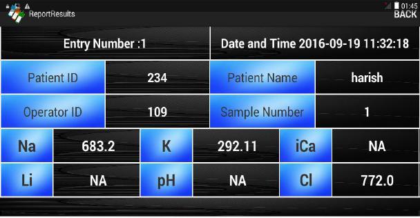5. Data Base Patient Urine Sample Results Continued, 3) Press Search for Patient results, the searched patient results will appear. 4) For printing the results, give a long press on the screen.