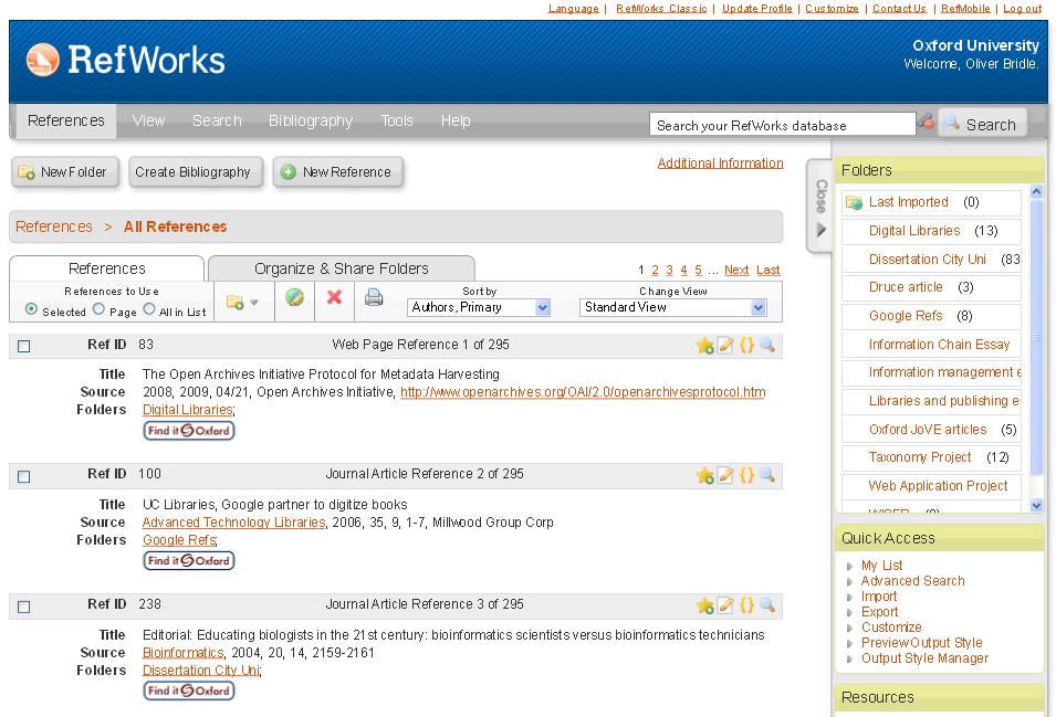 RefWorks Overview Dropdown menus Search your references Quick