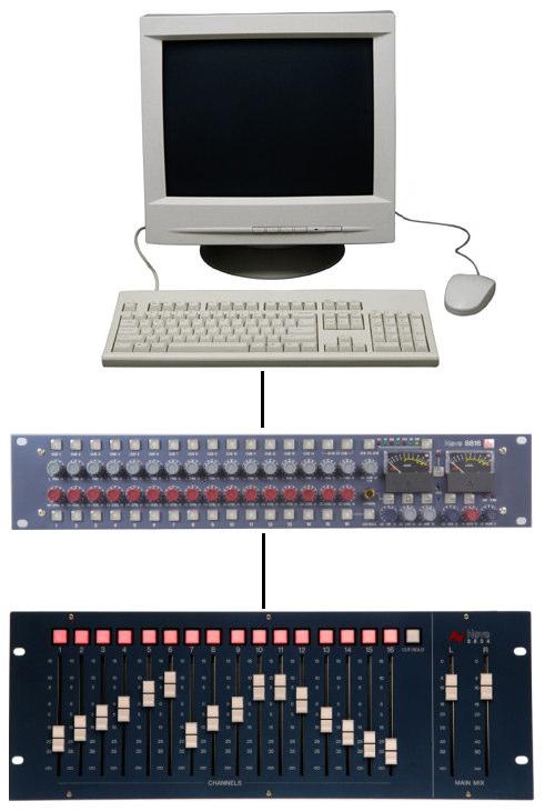 If you only have one 8816 and one 8804 fader pack connected, both units must be set to SLAVE so the Recall software will operate correctly, as shown left.