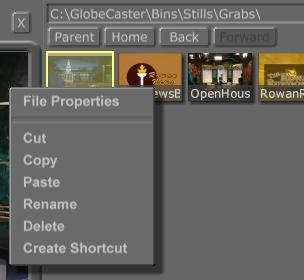 appear in the frozen frame FS picon window. You can then drag this picon to any FS button to load it in a framestore. The default save directory for snapped images is C:\GlobeCaster\Bins\Stills\Grabs.