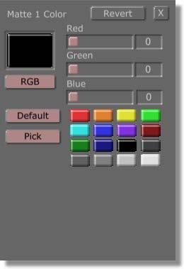 Switcher Manual GlobeCaster 43 Matte Color Panel With the Matte Color panel (Figure 3.10) you can select a color from a set of premixed colors or mix your own color.