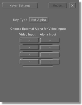 Reference 58 Chapter 3 External Alpha The External Alpha option on the Keyer Settings panel is where you tell GlobeCaster which video input an external alpha channel is linked to.
