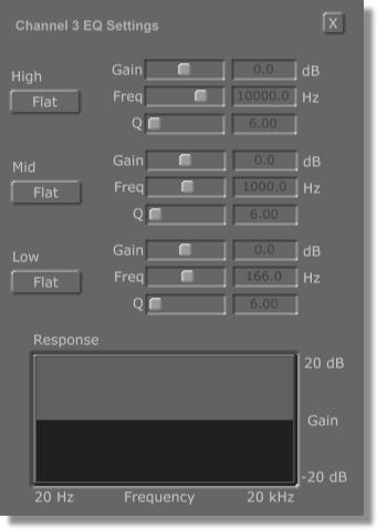 Reference 66 Chapter 3 EQ Settings Panel The EQ style used is a three-band parametric equalizer, with individual settings for the High, Mid and Low bands. Settings Figure 3.