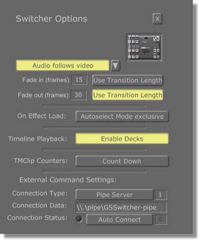 Switcher Manual GlobeCaster 73 Switcher Options Panel With the Switcher Option Panel, you have control over the following elements: Audio follows video On Effect Load Timeline Playback Time Machine