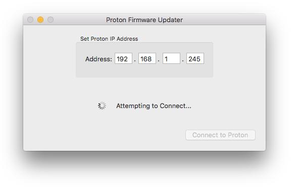 If the Updater isn t able to connect to your Proton Switcher Control Surface immediately, it displays the spinning gear until it either succeeds or times out.