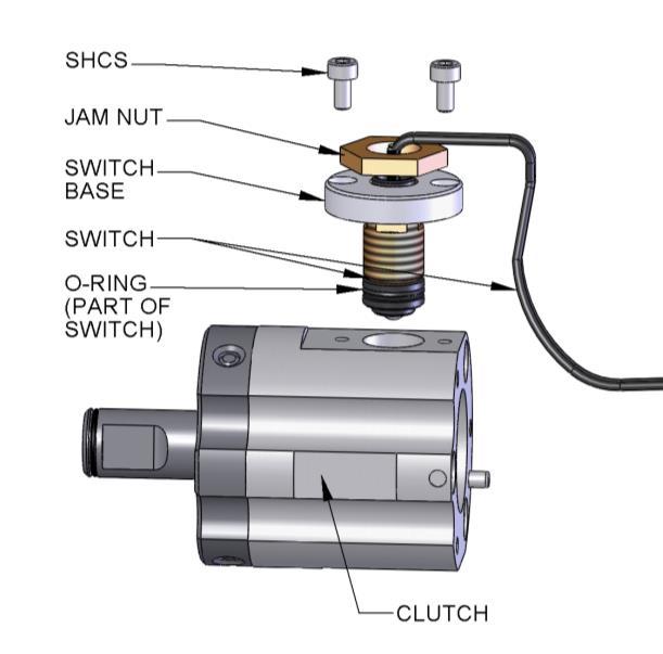 6.0 MAINTENANCE 6.1 REPLACEMENT / ADJUSTMENT OF CLUTCH LIMIT SWITCH Feed wires of switch through center holes of switch base and jam nut as shown in exploded view.
