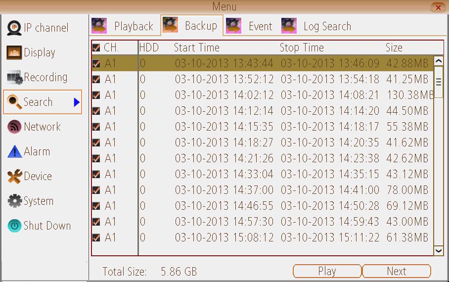 4. Select Backup, the backup file list will be shown. 5. Select the file(s) to be backup, and click Next; 6.