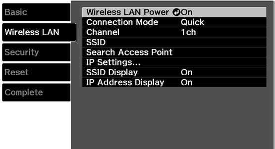 7. Select the Wireless LAN menu and press Enter. 8. Select the settings on the Wireless LAN menu as necessary for your network.