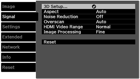 Input Signal Settings - Signal Menu Normally the projector detects and optimizes the input signal settings automatically.