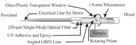 4mm in diameter A prism mounted on the tip of micromotor No rotating optical fiber - Stable optical coupling; fast scanning
