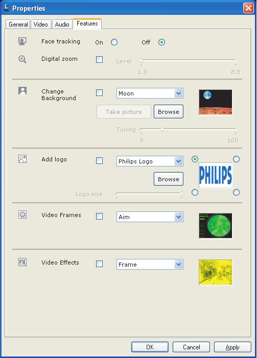 6.5.4 Features settings Click the Features tab. The Features settings screen appears. 3 4 5 6 7 Video Frames Refer to 6.