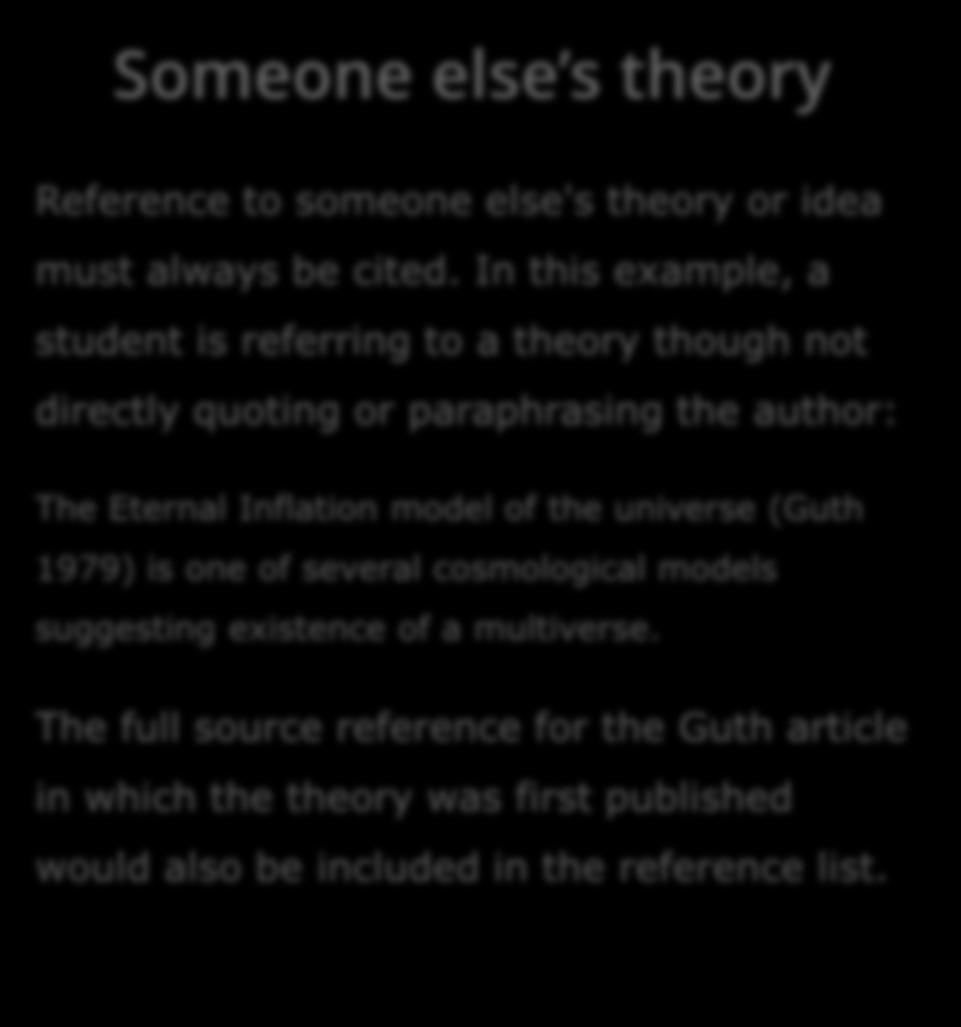 What do I need to reference? Examples Someone else s theory Reference to someone else's theory or idea must always be cited.