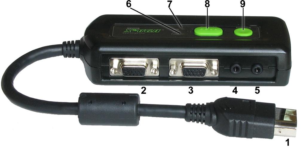 Illustration 1. AV Link Cable The specific AV connector (to the AV port on the Xbox console). 2. VGA In Connect to the VGA output port on PC. 3. VGA Out Connect to the VGA monitor. 4.