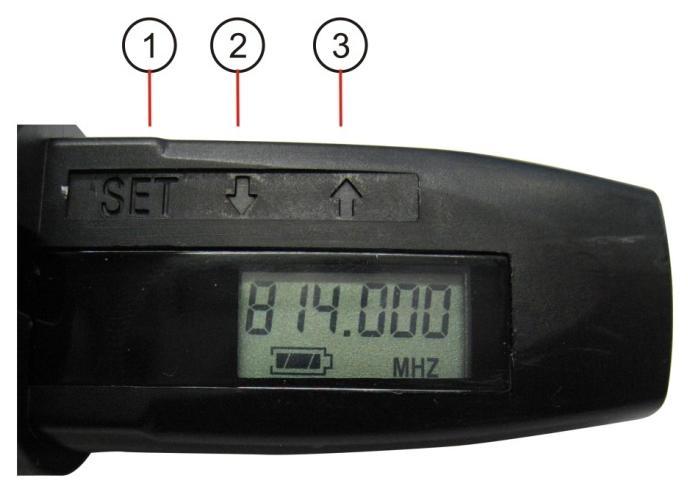 Changing the frequency of the transmitter 1) Press and hold the set(1) button for 3 seconds. The display shows FREQUE.