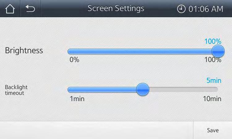 The Screen Settings screen (see Figure 7) allows you to modify the appearance of the screen as described: Brightness: Select a location on the bar to