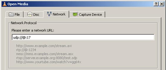 Figure 76 - VLC Open Network Stream In the new window shown in Figure 77, set the network URL to something like udp://@:17, where udp