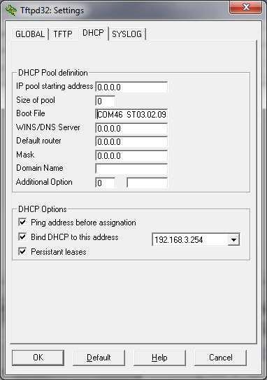 In the DHCP settings tab, enter the filename of the application image in the Boot File field and click OK.