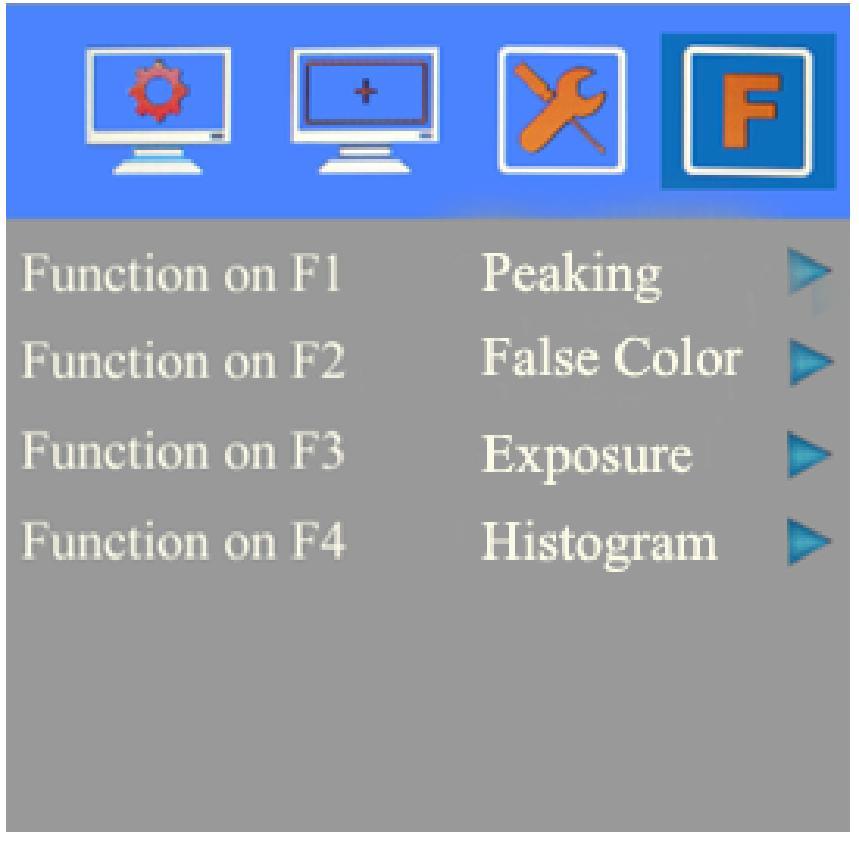 Functions of F1-F4 buttons can also be customized: Aspect Ratio, Check Field, Freeze Input, Center Marker, Underscan/Overscan, H/V delay, Color Bar, Screen