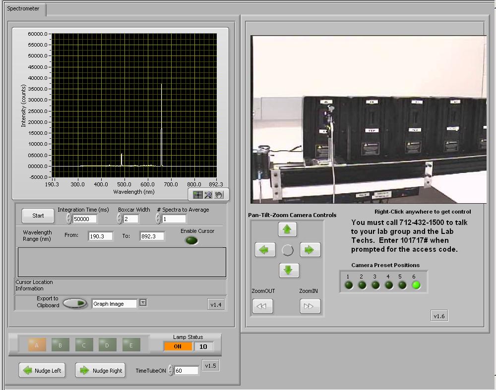 than 120 seconds. The lamp status and the number of seconds it has been energized are shown in the Spectrum Status portion of the interface screen (to the right of the green lamp buttons A E).