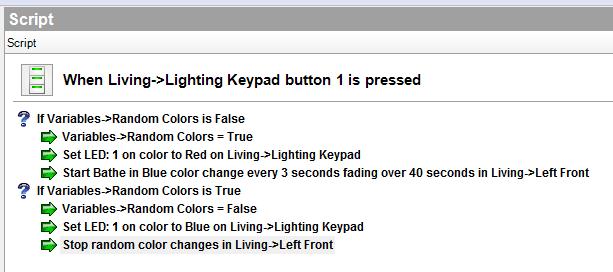 If you select one of the RGB fittings on the right hand side in the Actions pane you will see the usual commands associated with a light plus some specific commands for this device.