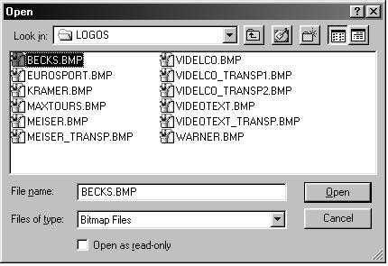 Using the VA-2002 Logo Finalizer and Upload Program Figure 11: Selecting a Bitmap File 3. Click Open. The Unnamed VA-2000 window appears with the selected logo (in this example, Becks.