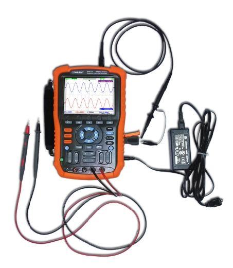 Measurement Connection Accessories of SHS1000 Handheld Digital Oscilloscope consist of a power supply adapter, a probe adapter plug, a USB cable, two multimeter probes and two oscilloscope probes.
