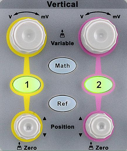 Vertical : Analog input channels. The two channels are marked by different colors which are also used to mark both the corresponding waveforms on the screen and the channel input connectors.
