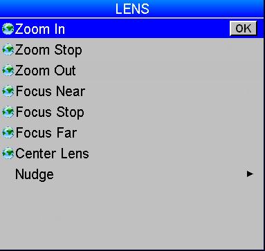 Lens menu Zoom To move the lens in or out: 1. Select Zoom In or Zoom Out, then press OK. USING THE PROJECTOR Main Menu Lens 2. When the image is the desired size, select Zoom Stop and then press OK.