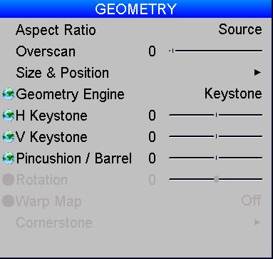 USING THE PROJECTOR Geometry Engine Choose from Keystone, Cornerstone, Rotation, Warp or Off.