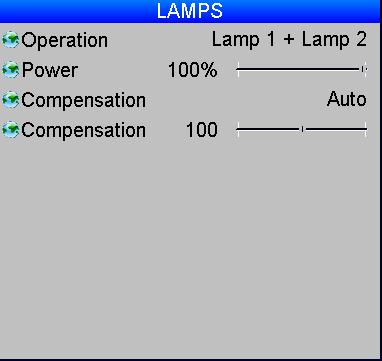 USING THE PROJECTOR Lamps menu Set Operation to choose between Lamp 1 + Lamp 2, Lamp 1, Lamp 2 and Auto 1. In the Auto 1 mode, the lamp usage will be spread evenly over the two lamps, over time.