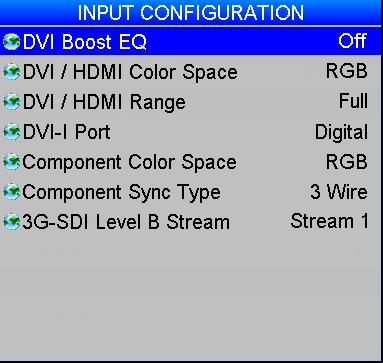 USING THE PROJECTOR Input Configuration This menu allows adjustment of various technical parameters specific to each of the signal inputs: DVI Boost EQ should normally be set to Off, except when you