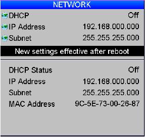 USING THE PROJECTOR Network The fields at the bottom of the menu show the current settings. Set DHCP to On if the IP Address is to be assigned by a DHCP server, or Off if it is to be set here.