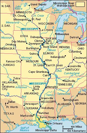 Path of the Mississippi River States that touch the Mississippi River-