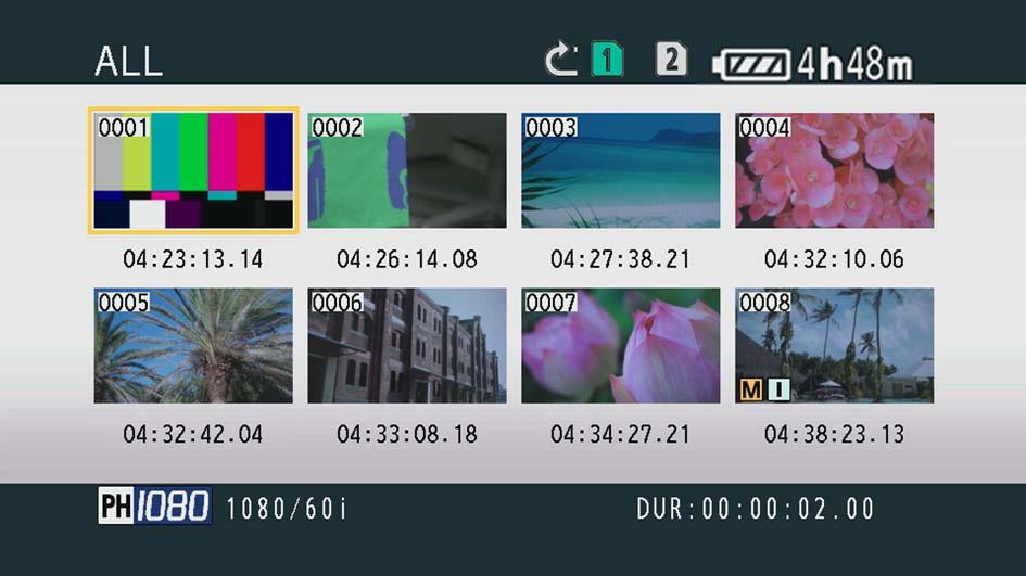 Thumbnail screen Video data created in one shooting session is called a clip. When the PB mode has been established, the clips will be displayed on the LCD monitor and the viewfinder as thumbnails.