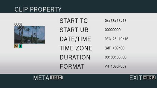 START TC: Time code value at start of recording START UB: User information value at start of recording DATE/TIME: Date of recording at time at start of recording TIME ZONE: Displays time zone.