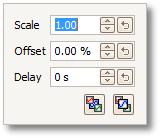 Controls for a live waveform Controls for a reference waveform There are two ways to open the axis scaling control: - For any channel displayed in a view: click the coloured scaling button ( ) at the