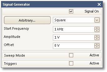 136 Toolbars and buttons 7.8.1.1 Basic controls Signal On. Tick this box to enable the signal generator. Signal Type. Select the type of signal to be generated.