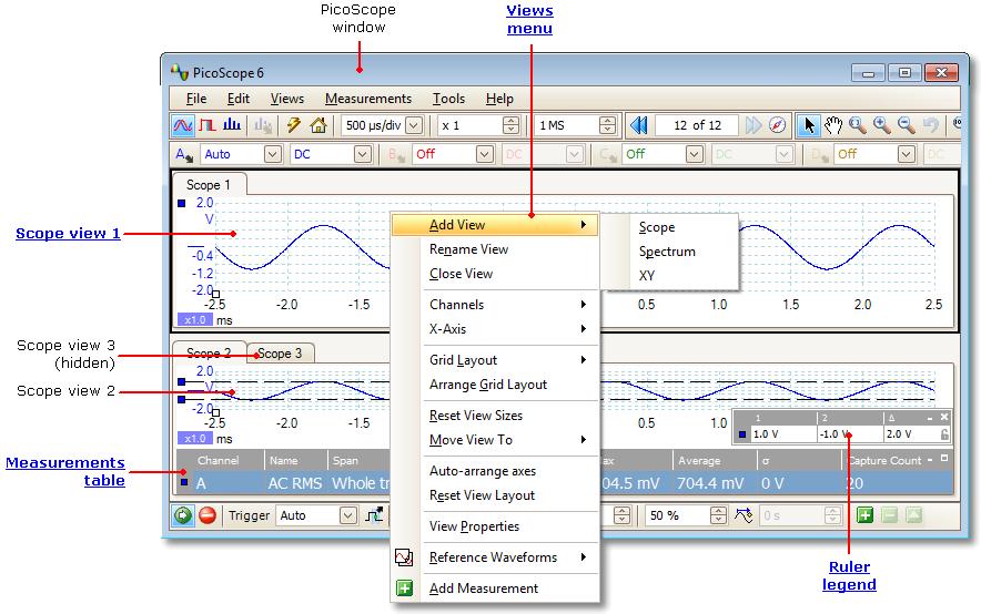 PicoScope 6 Beta User's Guide 11 5.4 PicoScope window The PicoScope window shows a block of data captured from the scope device.