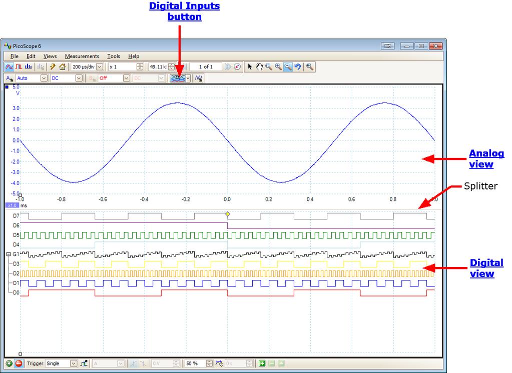 PicoScope 6 Beta User's Guide 13 5.6 MSO view Applicability: mixed-signal oscilloscopes (MSOs) only The MSO view shows mixed analog and digital data on the same timebase.