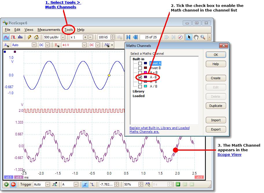 PicoScope 6 Beta User's Guide 31 5.22 Math channels A math channel is a mathematical function of one or more input signals.