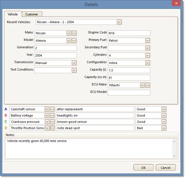 48 Menus 6.2.3 Details dialog (PicoScope Automotive only) Location: File > Save As Edit > Details Purpose: allows you to record channel labels, and vehicle and customer details, before saving a file.