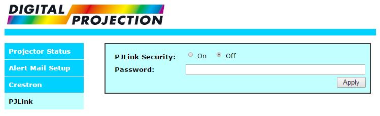 WEB CONFIGURATION UTILITY PJLink security options To access PJLink security options, open the PJLink page. From this page you can enable or disable PJLink security and set up a password.