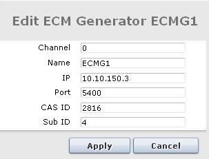 Figure 6.20- Editing ECMGs Configuring the CryptoLITE embedded ECM Generator CryptoLITE is an embedded ECM Generator running on the scrambler card.