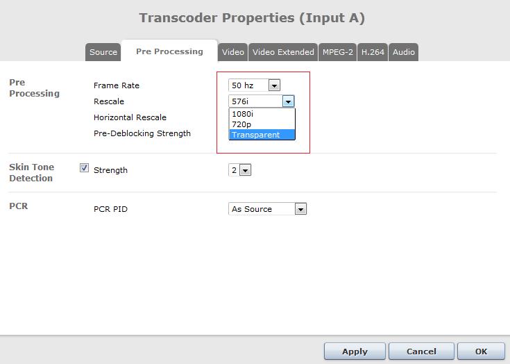 Figure 8.18- Transcoder configuration of Frame Rates. The picture above shows how the configured Frame Rate defines the allowed Rescale options.