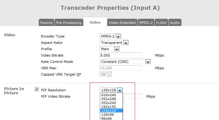 Figure 8.22- Transcoder configuration of PIP resolutions The PIP service appears on the Input list and can be sent to the output as any other input service. Figure 8.