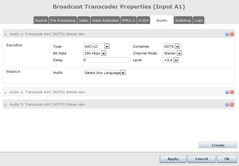 Figure 8.35 - Universal Broadcast Transcoder Audio parameters Audio transcoders are added to a service by using the Create button. Up to 4 audio transcoders can be added to a service.